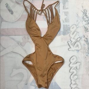 Strappy Tan One-Piece Swimsuit